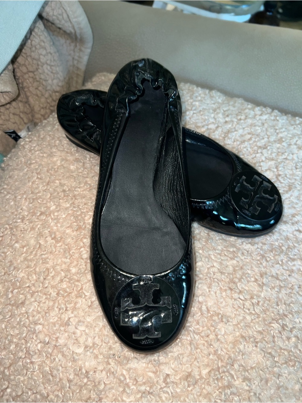 Tory Burch Black Patent Leather Logo Ballet Flats